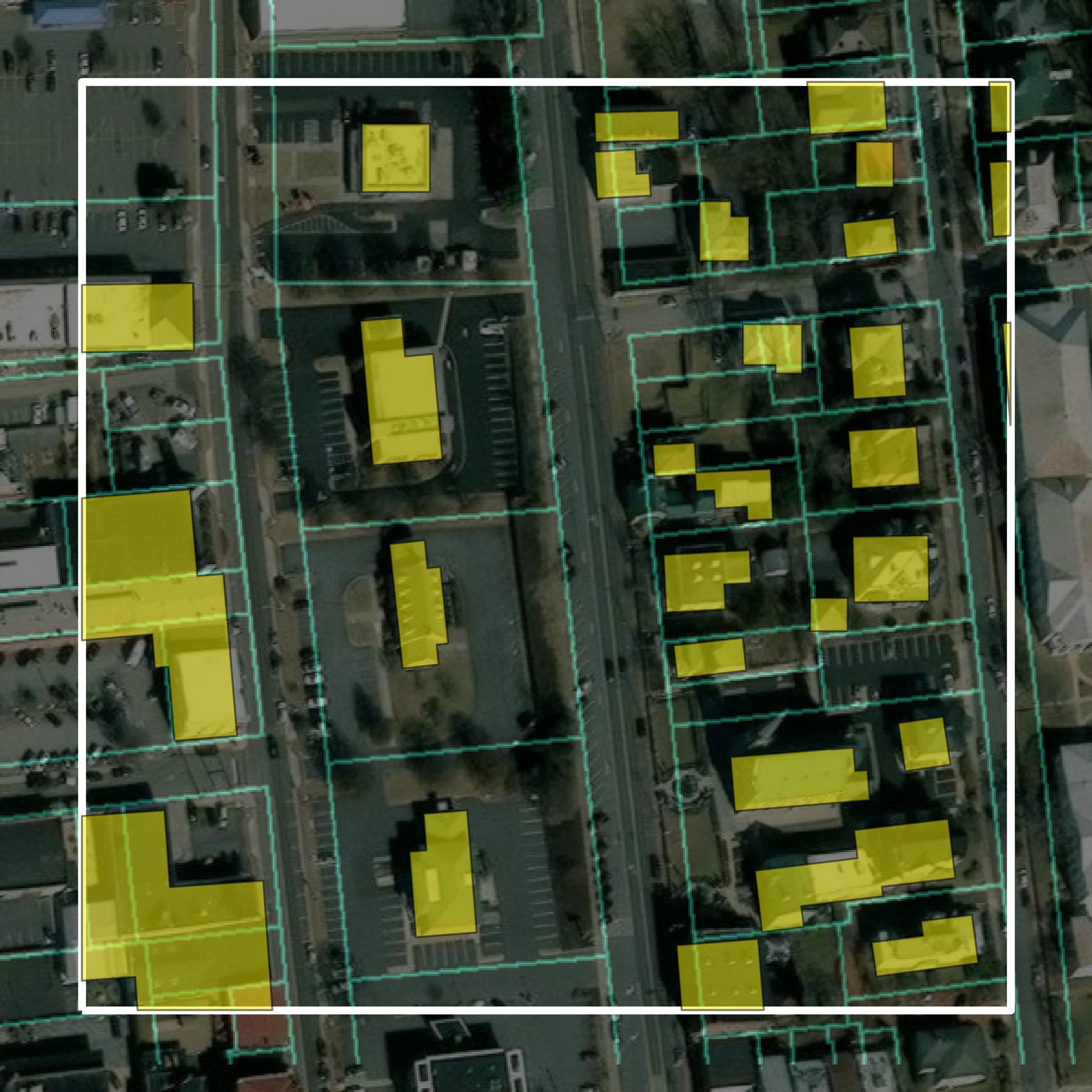 This image shows parcel and building data in Staunton city created using GIS data in Equator.