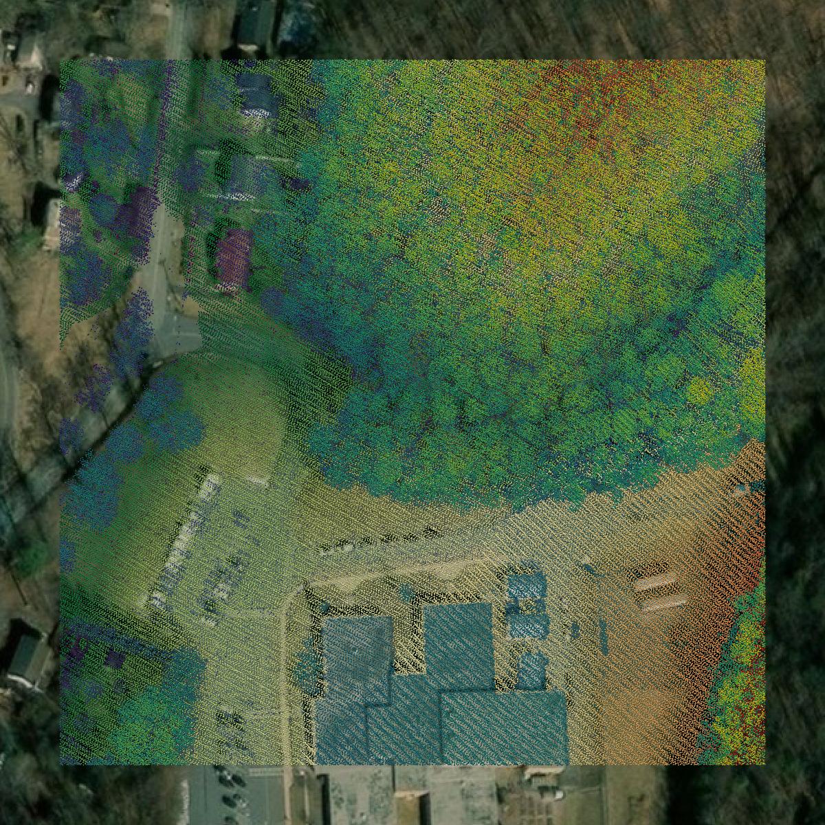 This image shows a LiDAR point cloud in Staunton city created using GIS data in Equator.