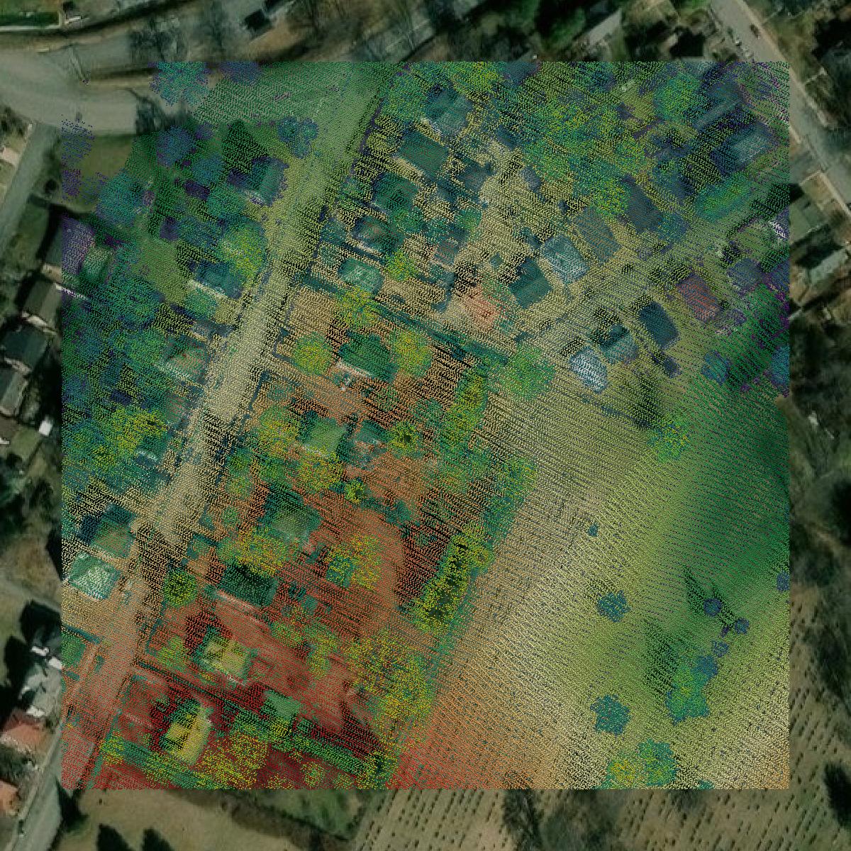 This image shows a LiDAR point cloud in Staunton city created using GIS data in Equator.