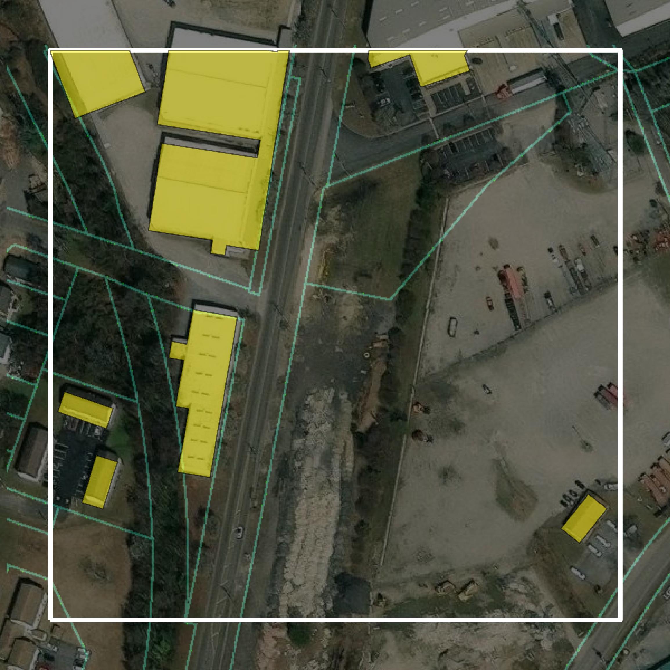 This image shows parcel and building data in Suffolk city created using GIS data in Equator.