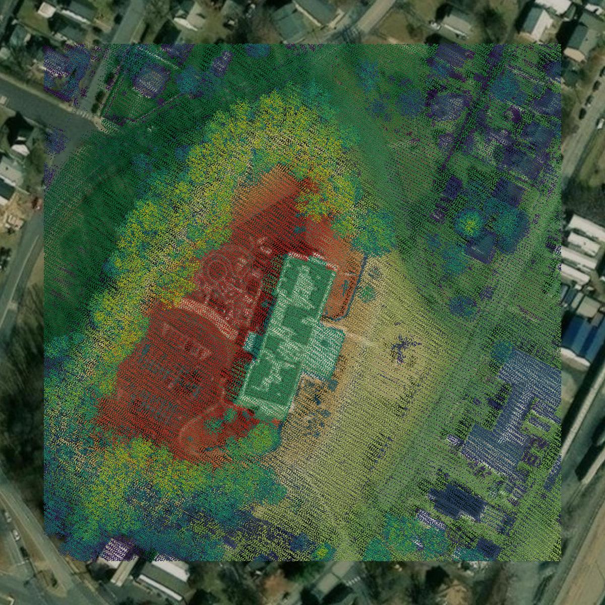 This image shows a LiDAR point cloud in Waynesboro city created using GIS data in Equator.