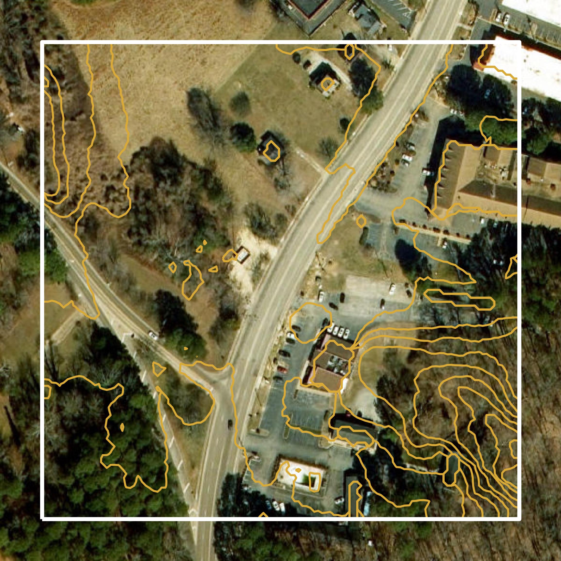 This image shows a contour map in Williamsburg city created using GIS data in Equator.