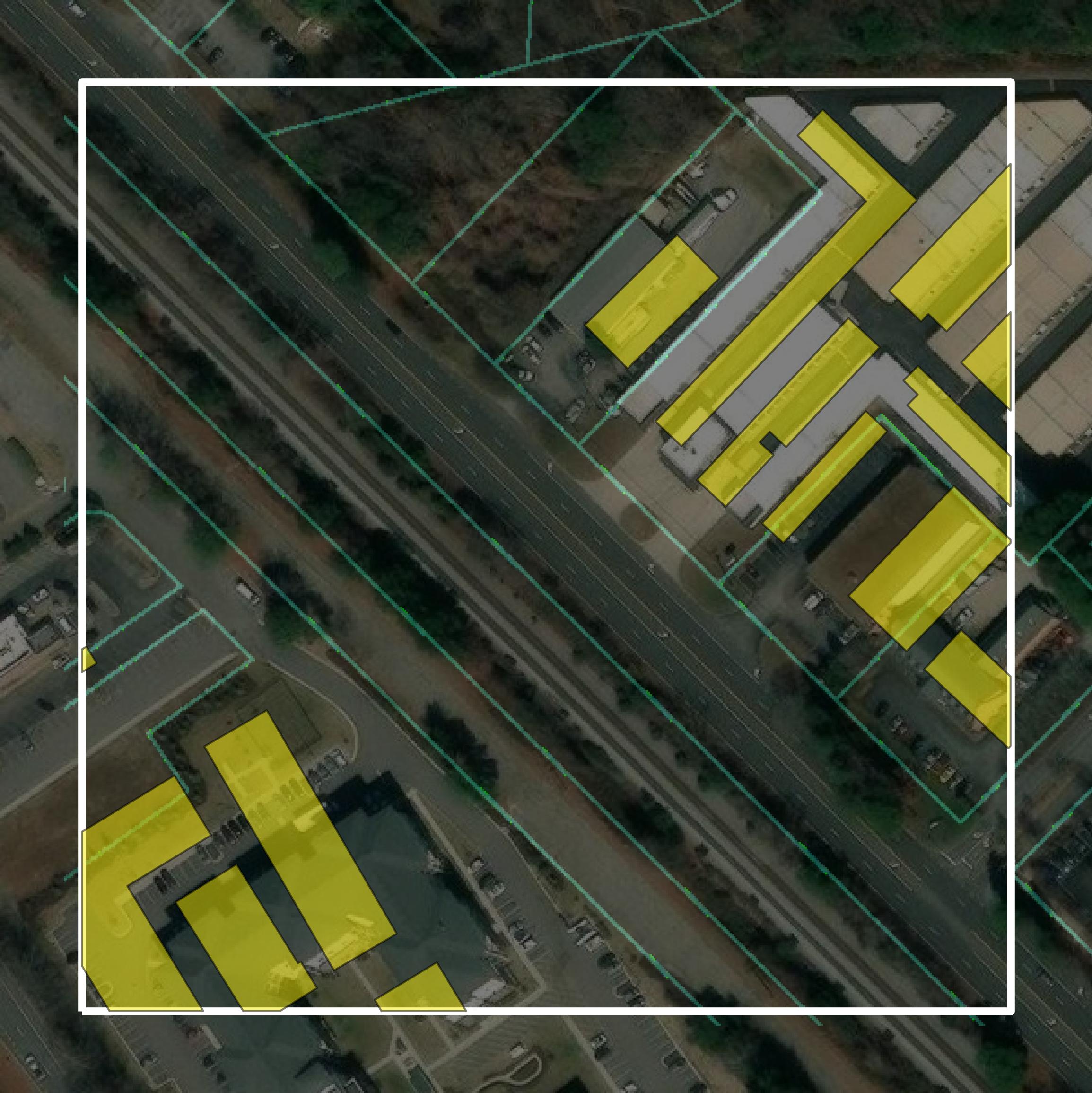 This image shows parcel and building data in York County created using GIS data in Equator.