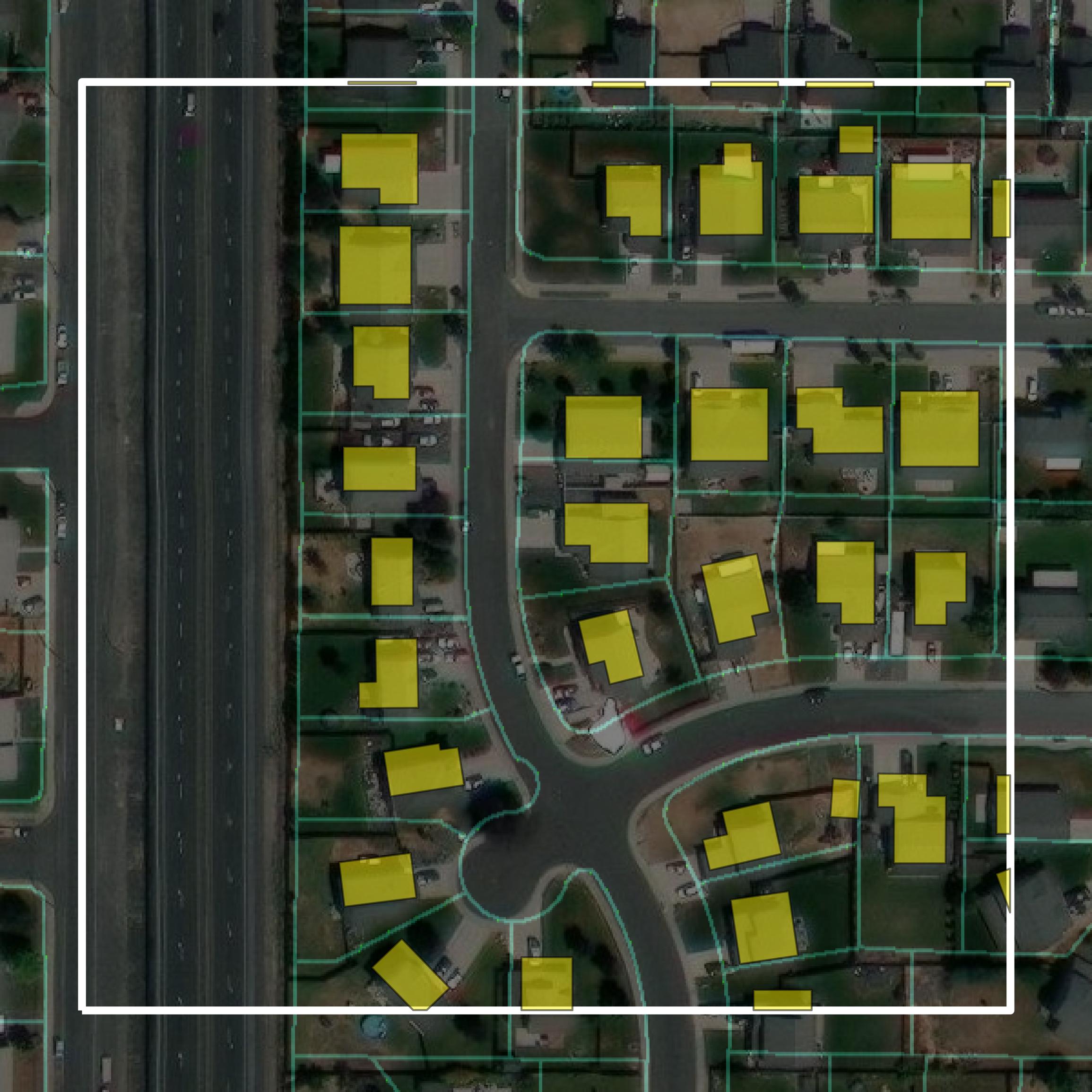 This image shows parcel and building data in Grant County created using GIS data in Equator.