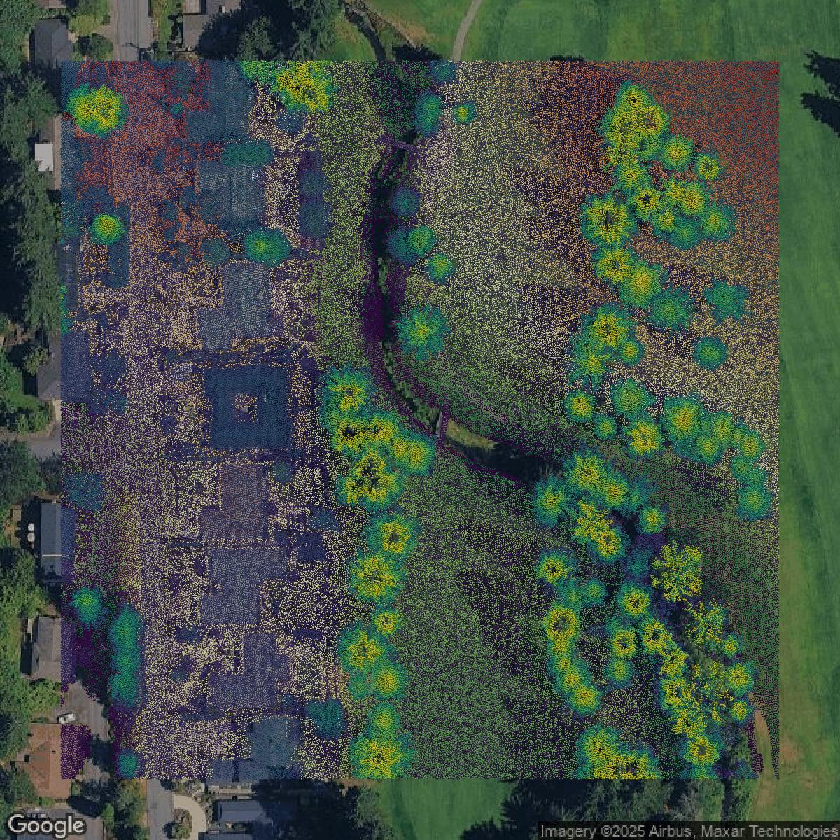 This image shows a LiDAR point cloud in King County created using GIS data in Equator.