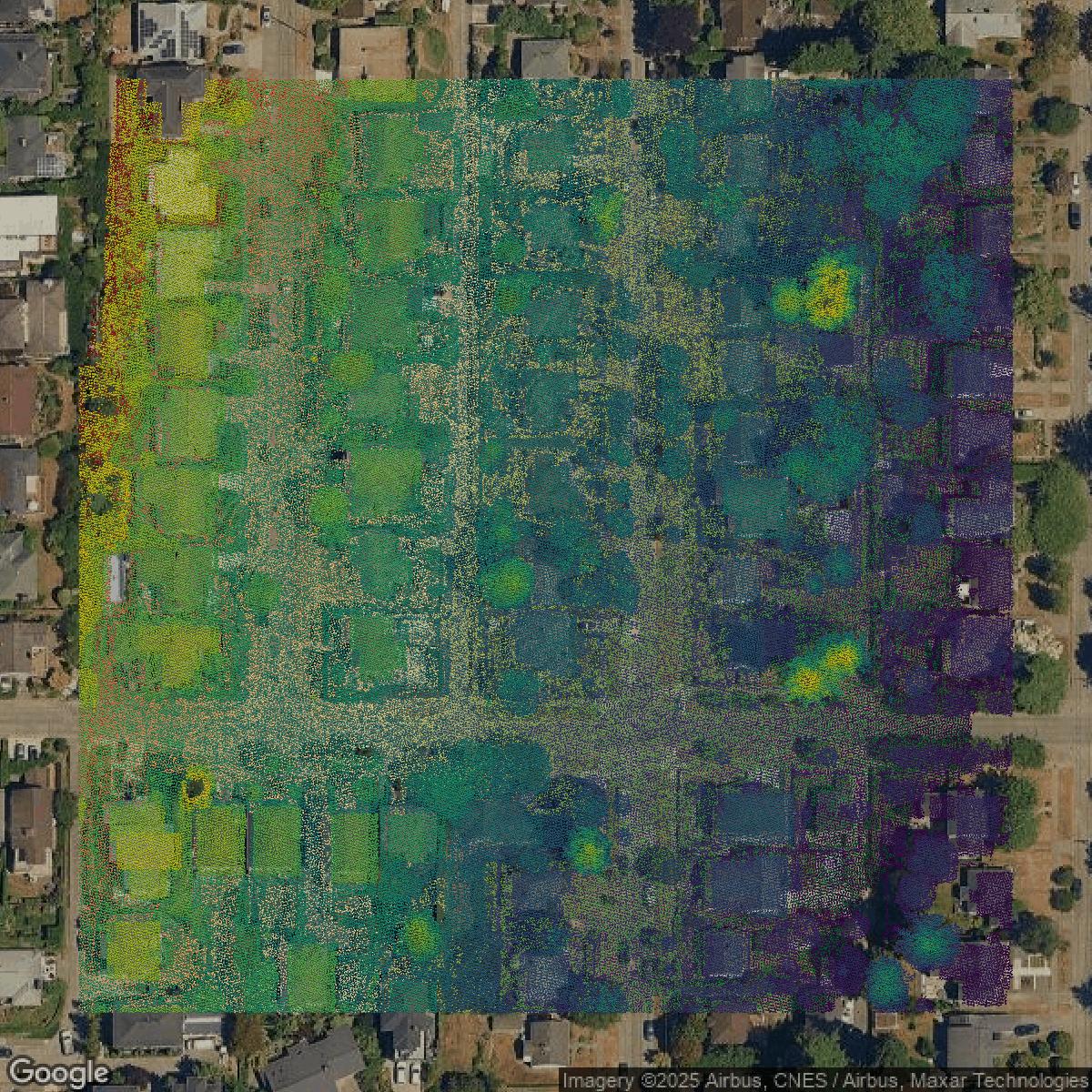 This image shows a LiDAR point cloud in King County created using GIS data in Equator.