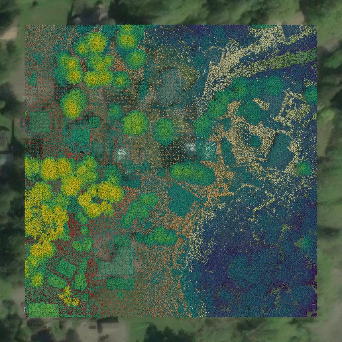 This image shows a LiDAR point cloud in Kitsap County created using GIS data in Equator.