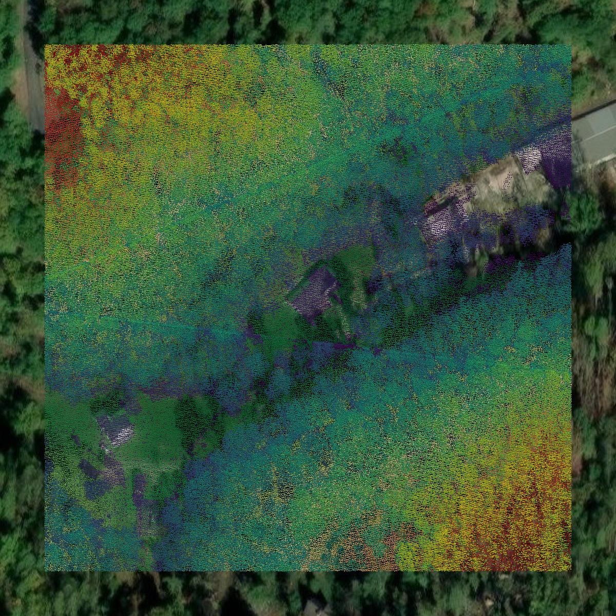 This image shows a LiDAR point cloud in Cabell County created using GIS data in Equator.