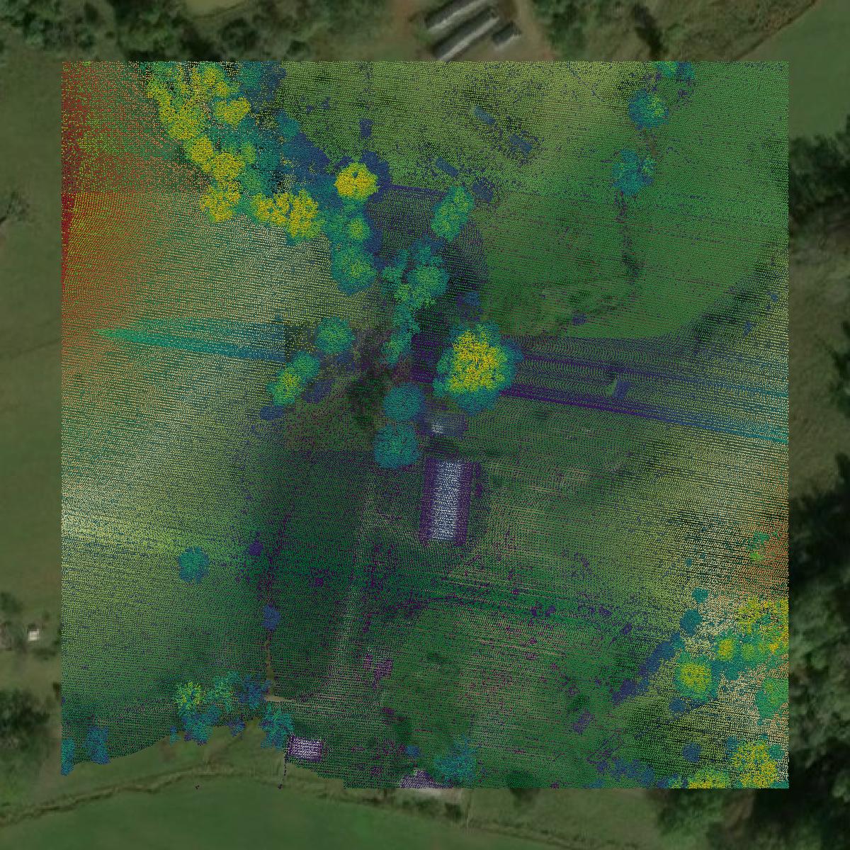 This image shows a LiDAR point cloud in Harrison County created using GIS data in Equator.