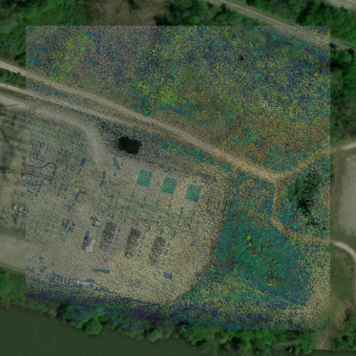 This image shows a LiDAR point cloud in Kanawha County created using GIS data in Equator.