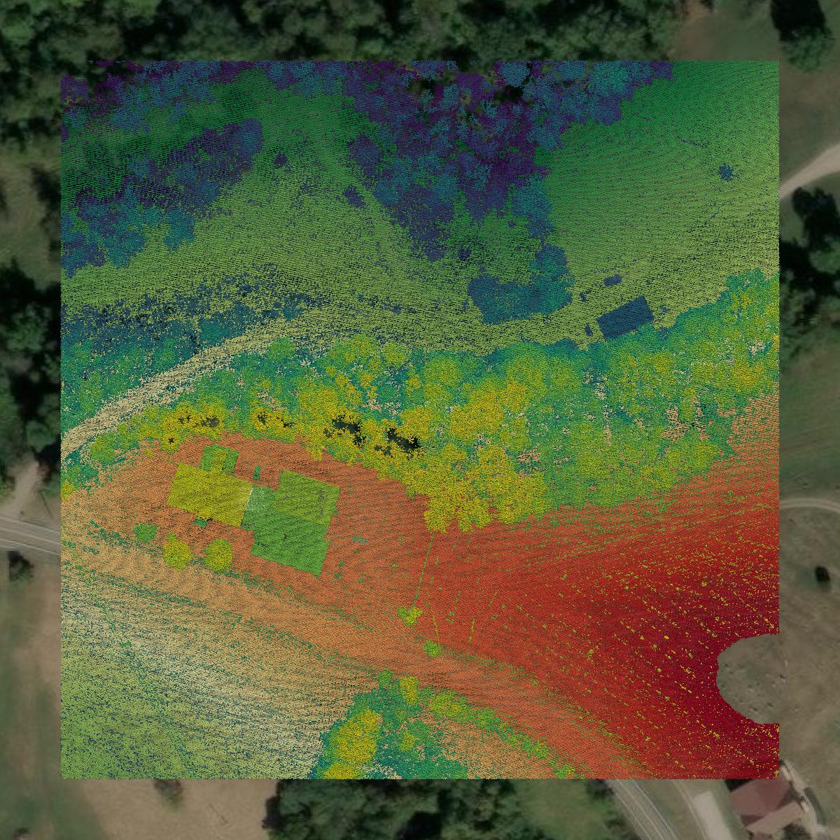 This image shows a LiDAR point cloud in Marshall County created using GIS data in Equator.