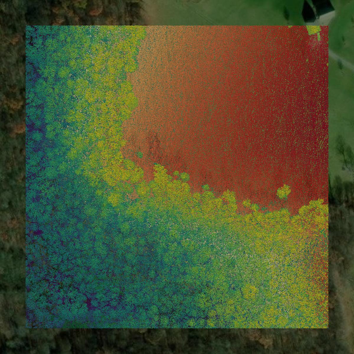 This image shows a LiDAR point cloud in Monongalia County created using GIS data in Equator.