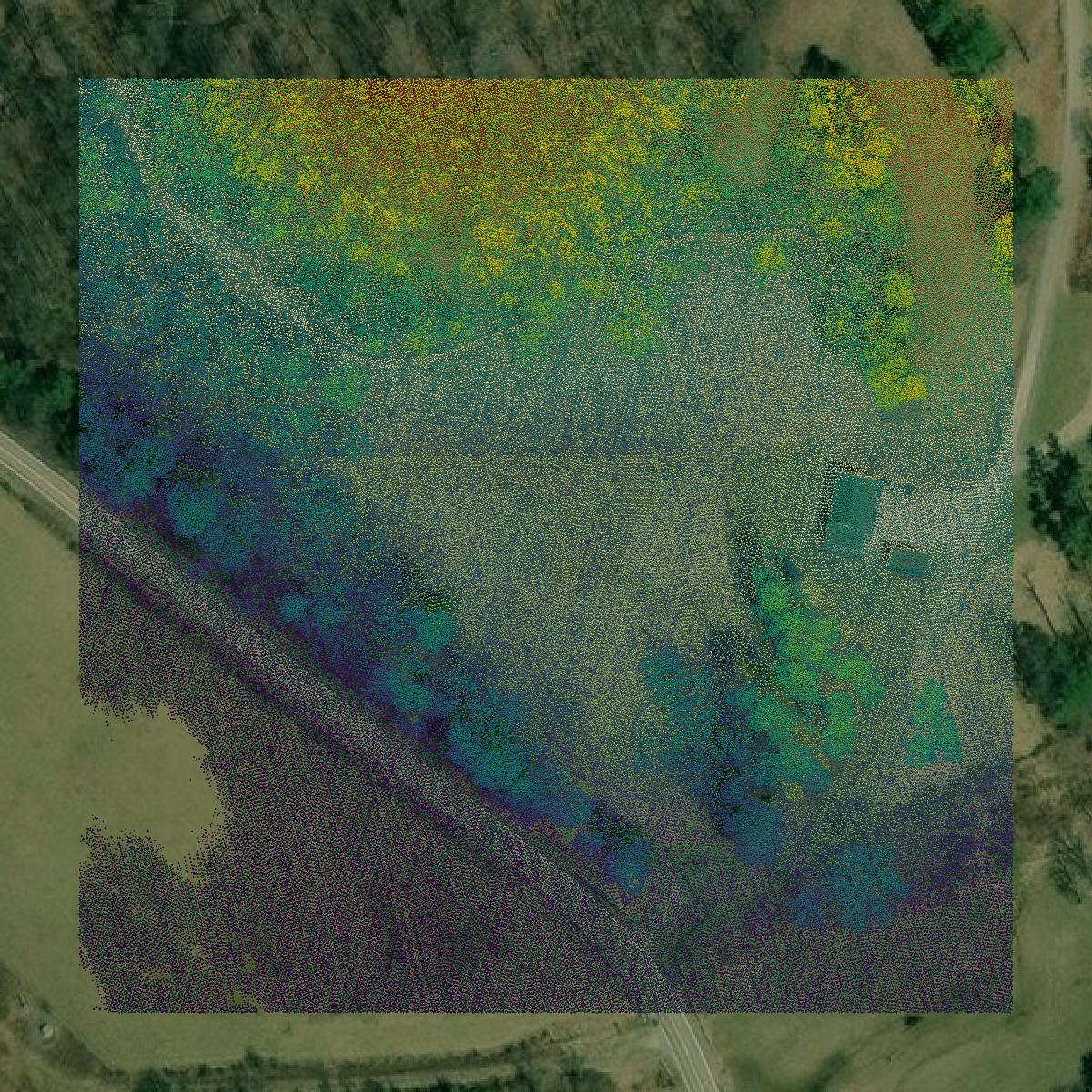 This image shows a LiDAR point cloud in Roane County created using GIS data in Equator.