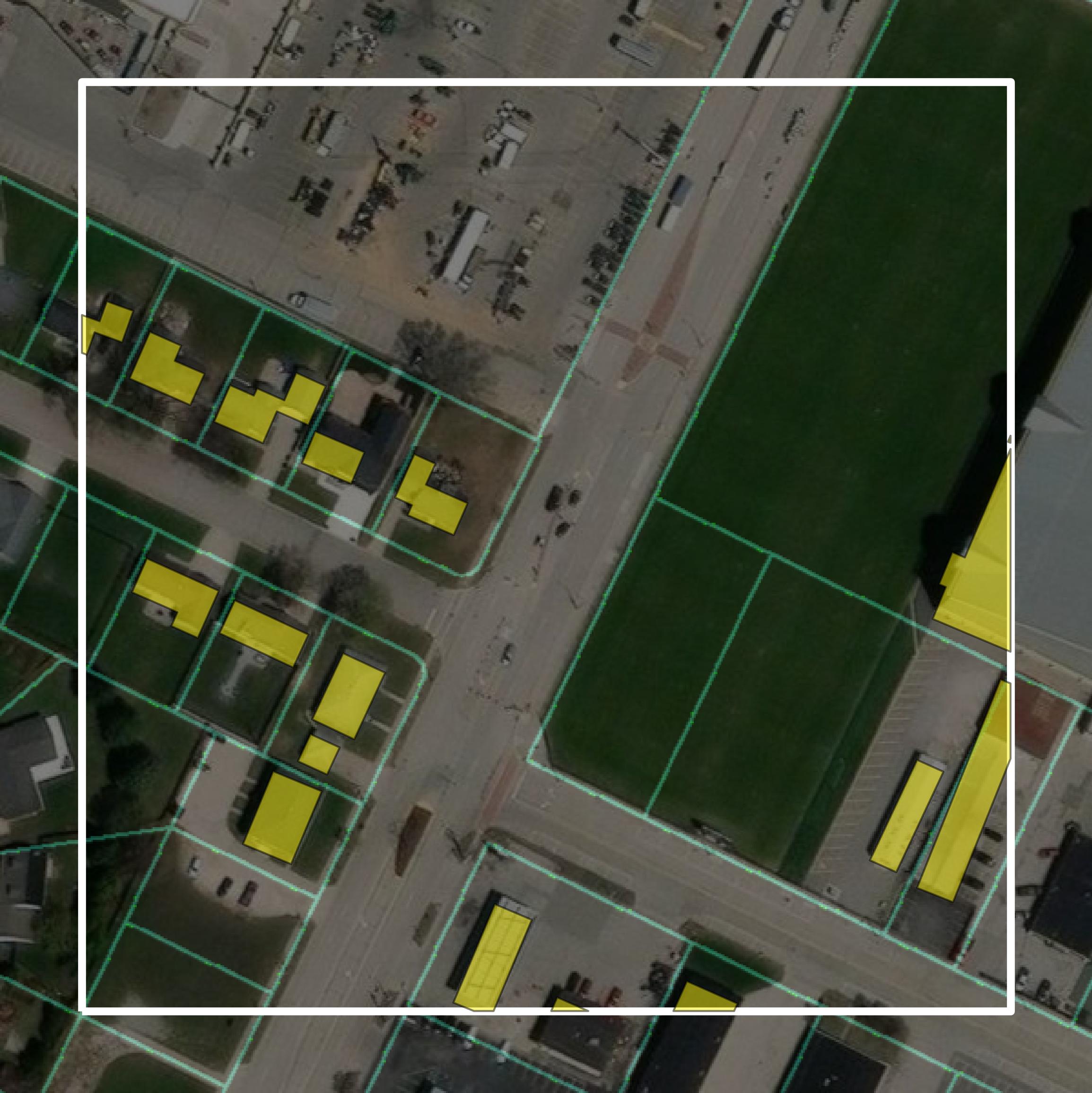 This image shows parcel and building data in Brown County created using GIS data in Equator.
