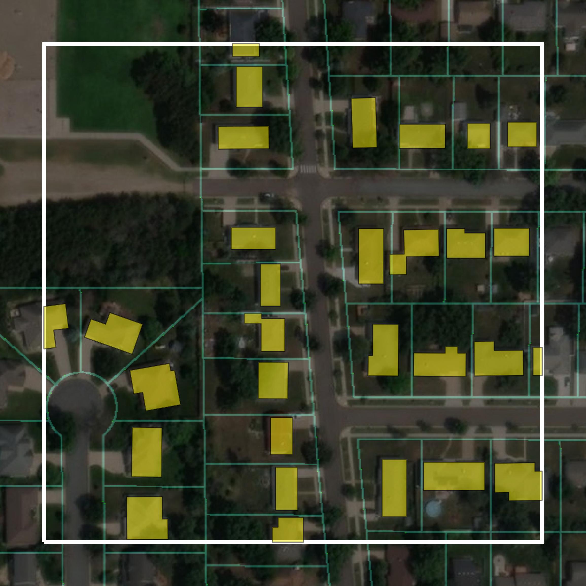 This image shows parcel and building data in Eau Claire County created using GIS data in Equator.