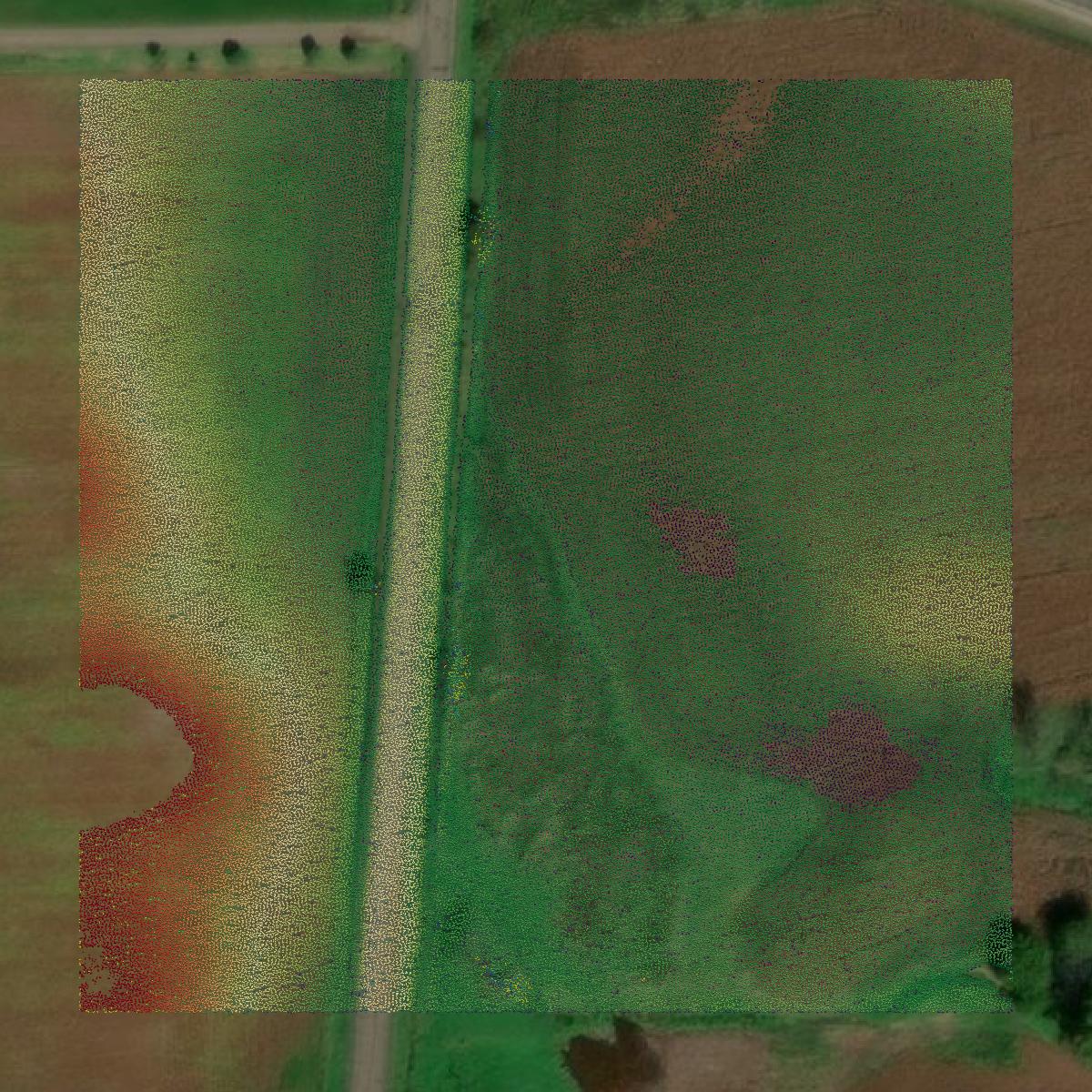 This image shows a LiDAR point cloud in Eau Claire County created using GIS data in Equator.