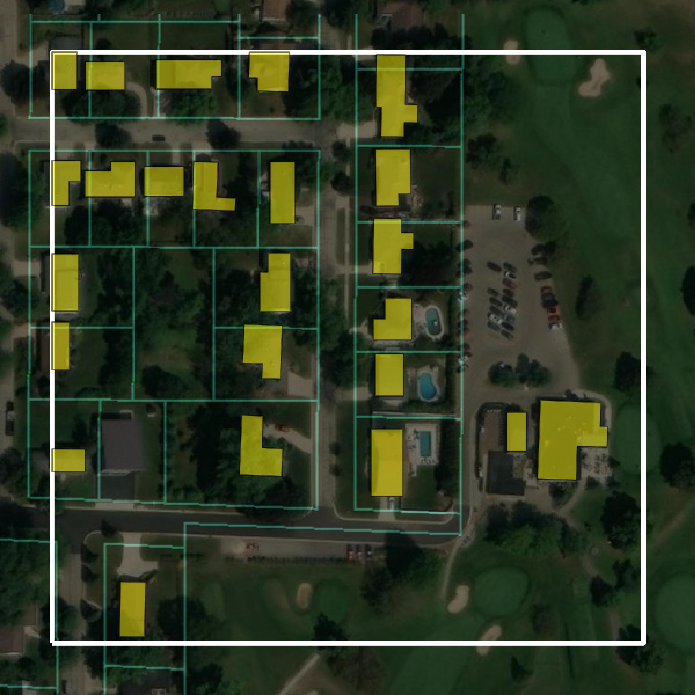 This image shows parcel and building data in Green County created using GIS data in Equator.
