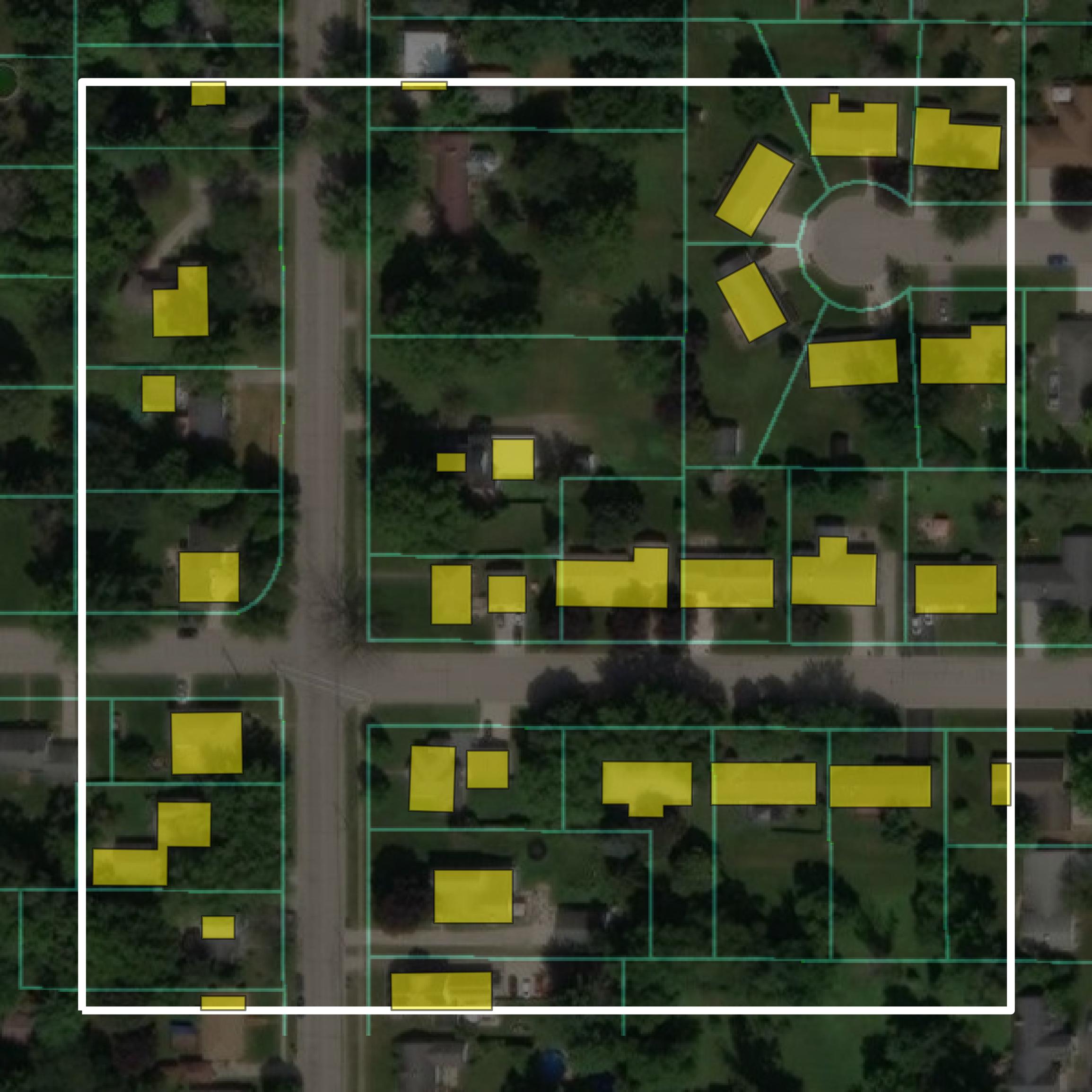 This image shows parcel and building data in Green Lake County created using GIS data in Equator.