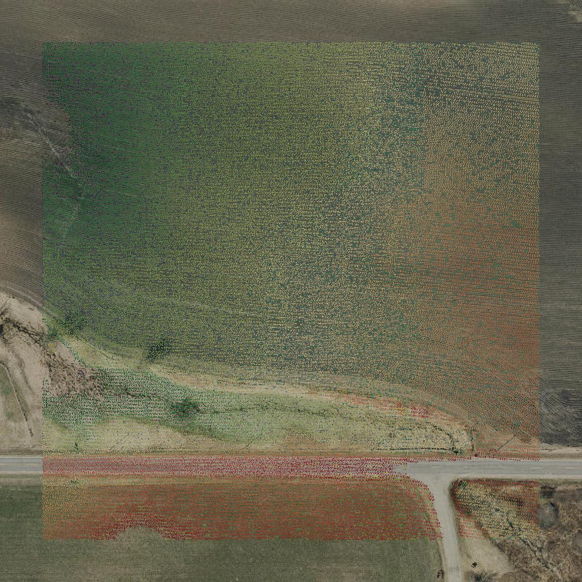 This image shows a LiDAR point cloud in La Crosse County created using GIS data in Equator.