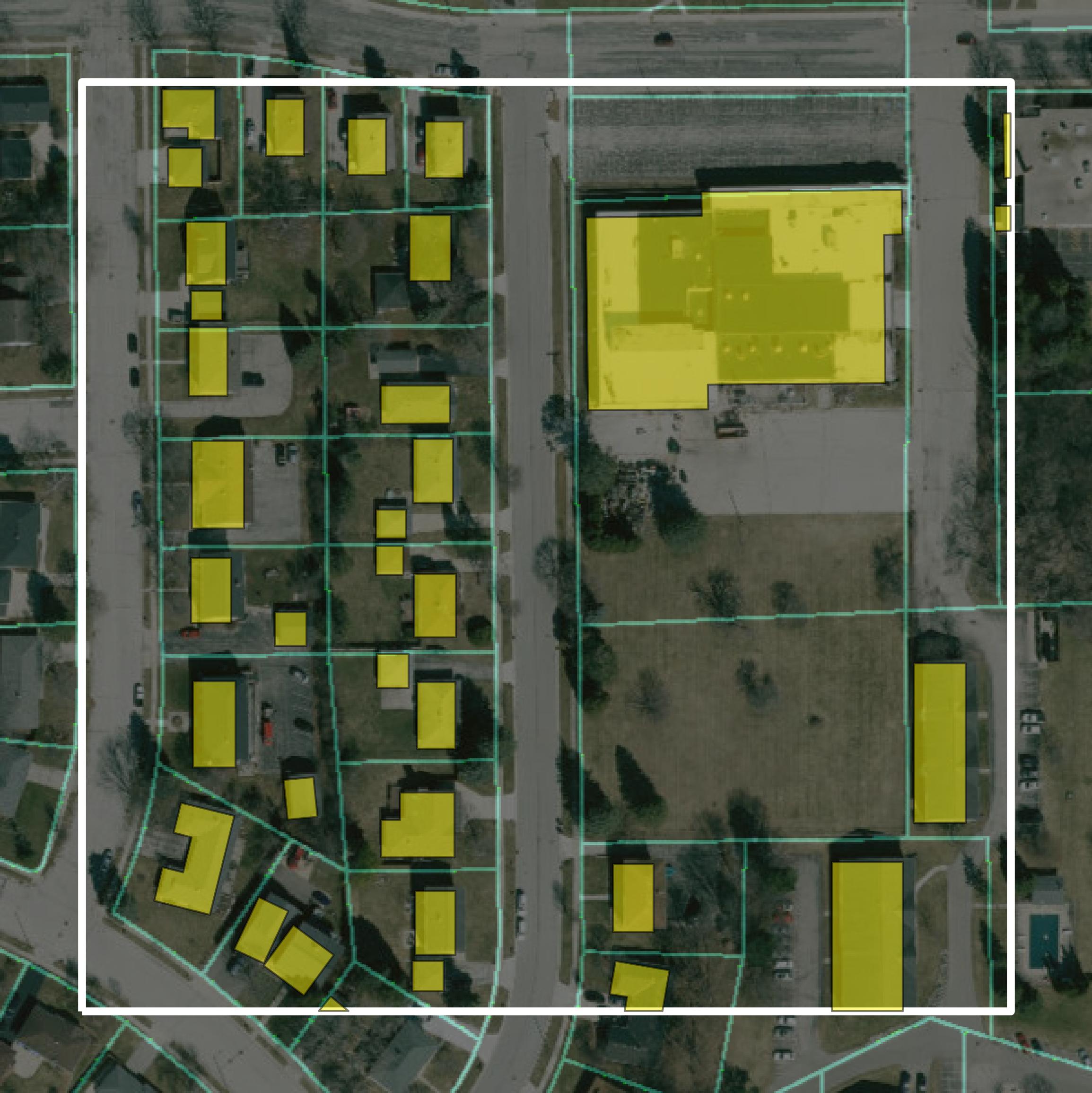 This image shows parcel and building data in Ozaukee County created using GIS data in Equator.