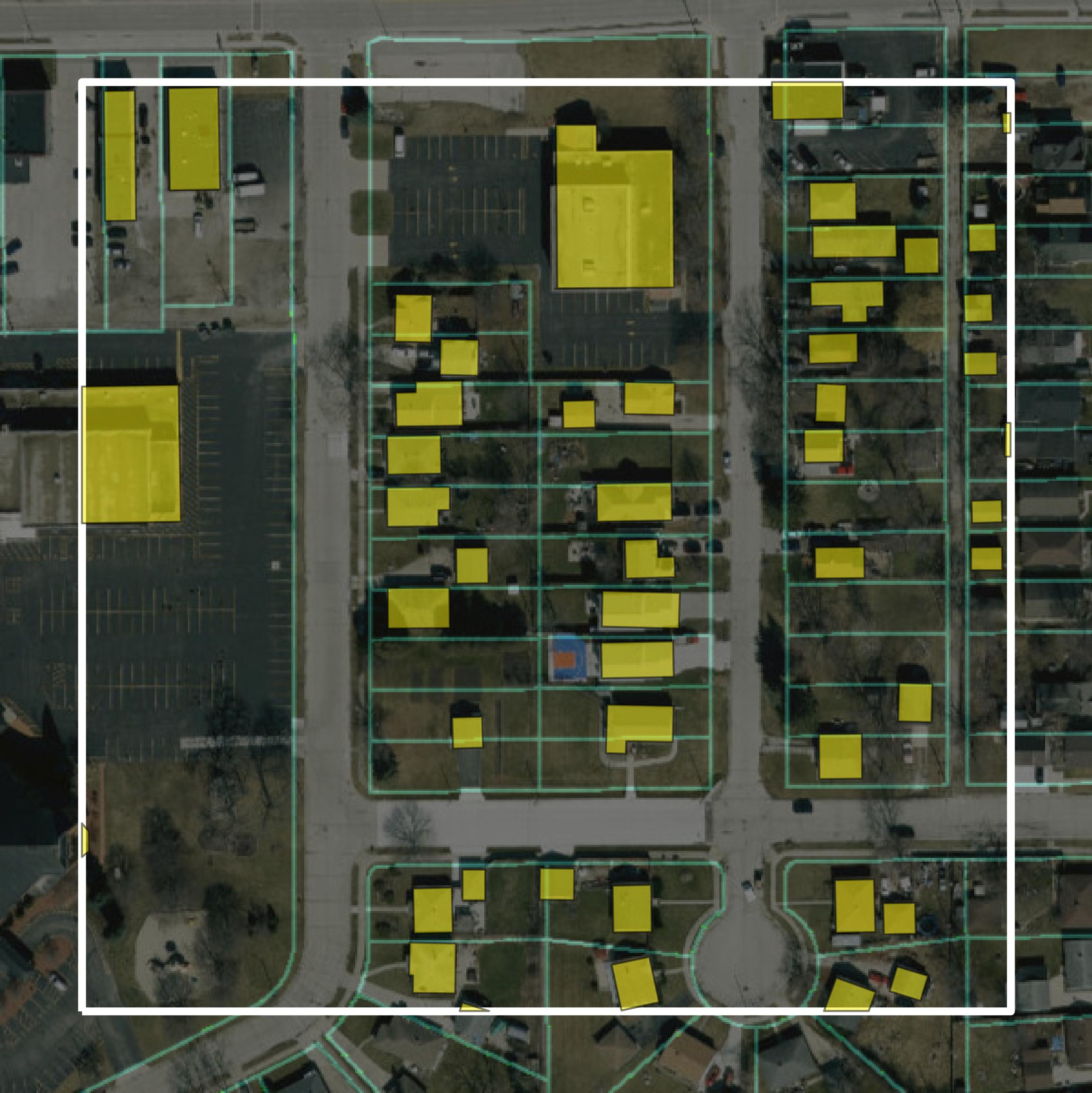 This image shows parcel and building data in Racine County created using GIS data in Equator.