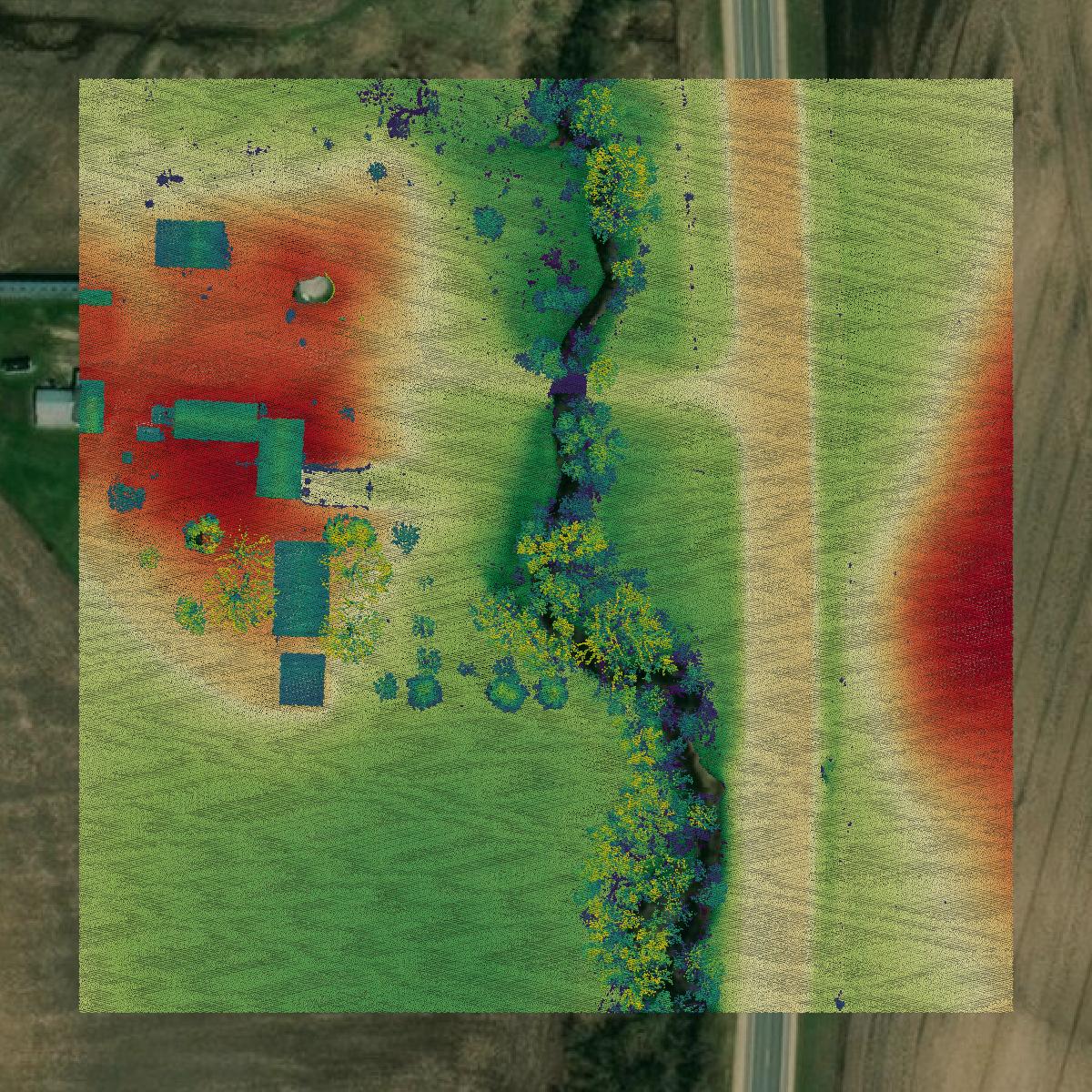 This image shows a LiDAR point cloud in Trempealeau County created using GIS data in Equator.