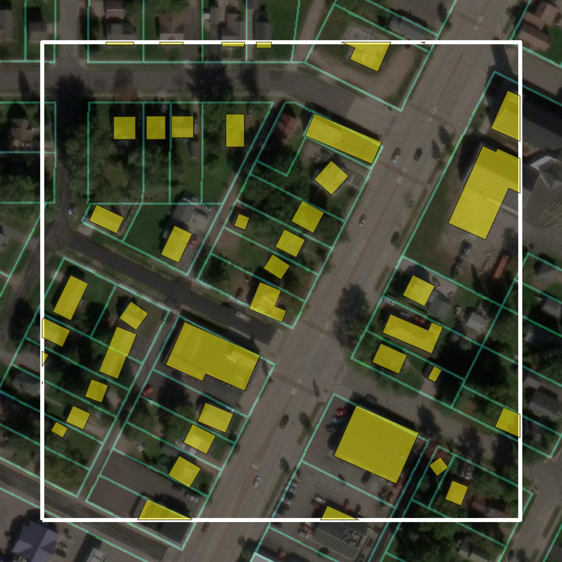 This image shows parcel and building data in Wood County created using GIS data in Equator.